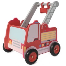 Red Fire Truck Wooden Baby Push Walker - 2-In-1 Toddler Push &amp; Pull Toys Learnin - £77.27 GBP