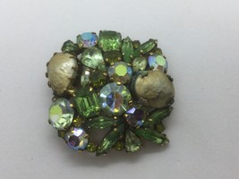 Vintage WEISS Brooch Greens &amp; AB Glass Faceted Rhinestones  GoldTone ProngSet 2” - £58.56 GBP