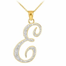 14k Solid Yellow Gold Diamonds Initial Script Letter E Pendant Necklace - £269.32 GBP+