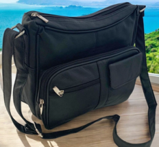 BLACK COWHIDE Leather Organizer Shoulder Bag Multiple Pockets Cross Body... - $52.99