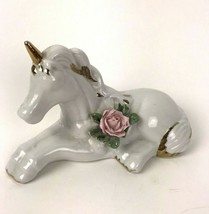 Vintage Unicorn Figurine White Porcelain Sculpture Statue Gold Trim Shabby rose - £31.64 GBP