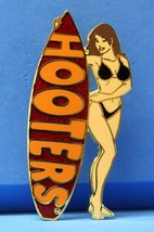 Hooters Surfer Girl Brunette Hair Red Surfboard Black Bikini Bathing Suit Pin - £11.26 GBP