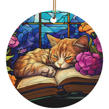 Cute Cat Sleeping Book Stained Glass Flower Wreath Color Ornament Christmas Gift - £11.57 GBP