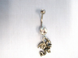 Custom Fantasy 3D Pewter Dragon Charm On 14g Clear Cz Navel Barbell Belly Ring - £4.78 GBP