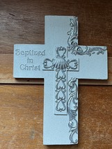 Speckled White w Silver Accents BAPTIZED IN CHRIST Resin Cross Wall Plaq... - £10.10 GBP