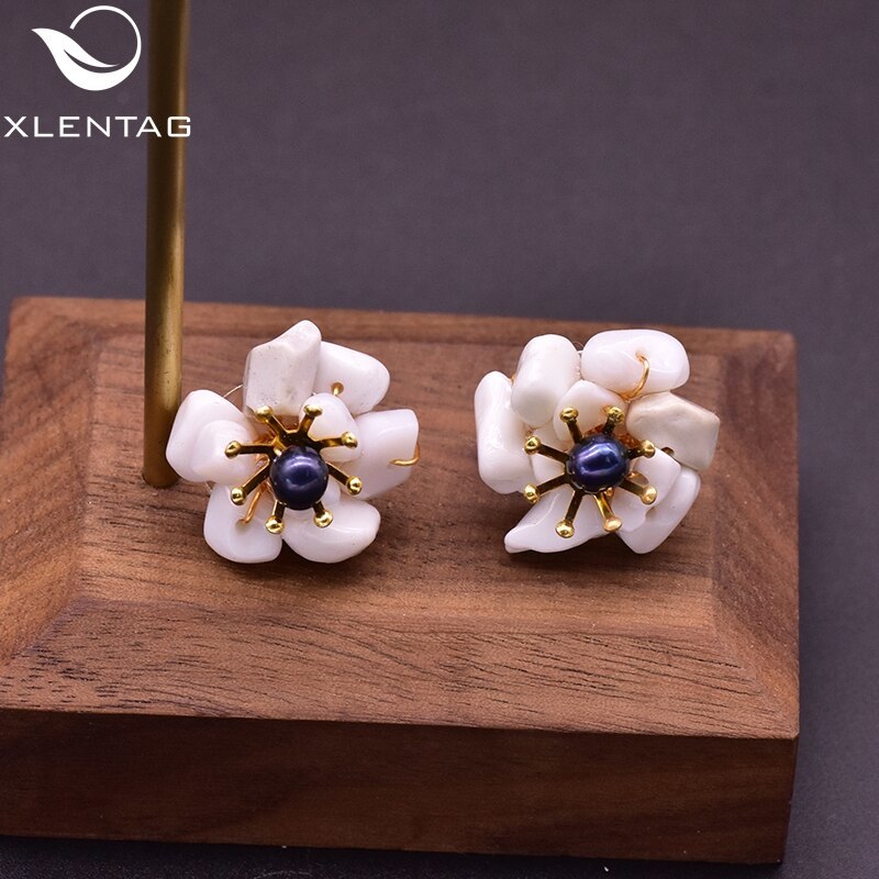 XlentAg Romantic Natural White Stone Stud Earrings Black  Flower Earings Women A - £18.30 GBP