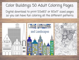 Instant printable coloring pages of buildings and landscapes. 50 differe... - £2.38 GBP