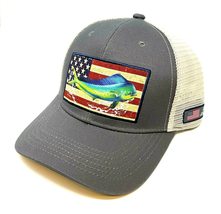 REEL ANGLER Dolphin Mahi-Mahi USA American Flag Curved Bill Tan Mesh Trucker Sna - £16.16 GBP