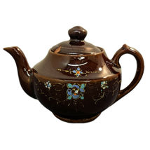 Vintage Teapot Brown Redware Japanese Hand Painted purple flower - $147.15 MXN