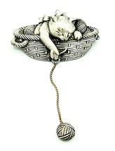 Vintage JJ Jonette Pewter Cat With Yarn Brooch Pin - $17.82