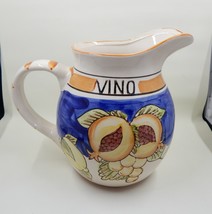 Italian Glazed Pottery Vino Wine Jug Pitcher Hand Painted Fruit Decorated - $19.99