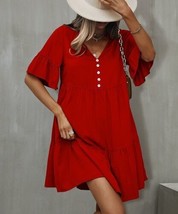 IZURIA Red Ruffle-Accent Tiered Button-Front Shift Dress- Medium - £24.42 GBP