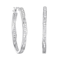 100% Natural Diamond Hoop Earrings 1/4 ct tw Round-Cut Sterling Silver - £113.86 GBP