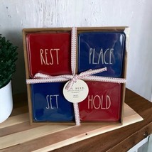 Rae Dunn Coasters Rest Place Set Hold Red &amp; Blue Patriotic America New - £18.62 GBP