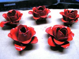 FIVE medium metal RED rose flowers for accents, embellishments, crafting - $24.98