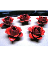 FIVE medium metal RED rose flowers for accents, embellishments, crafting - $24.98