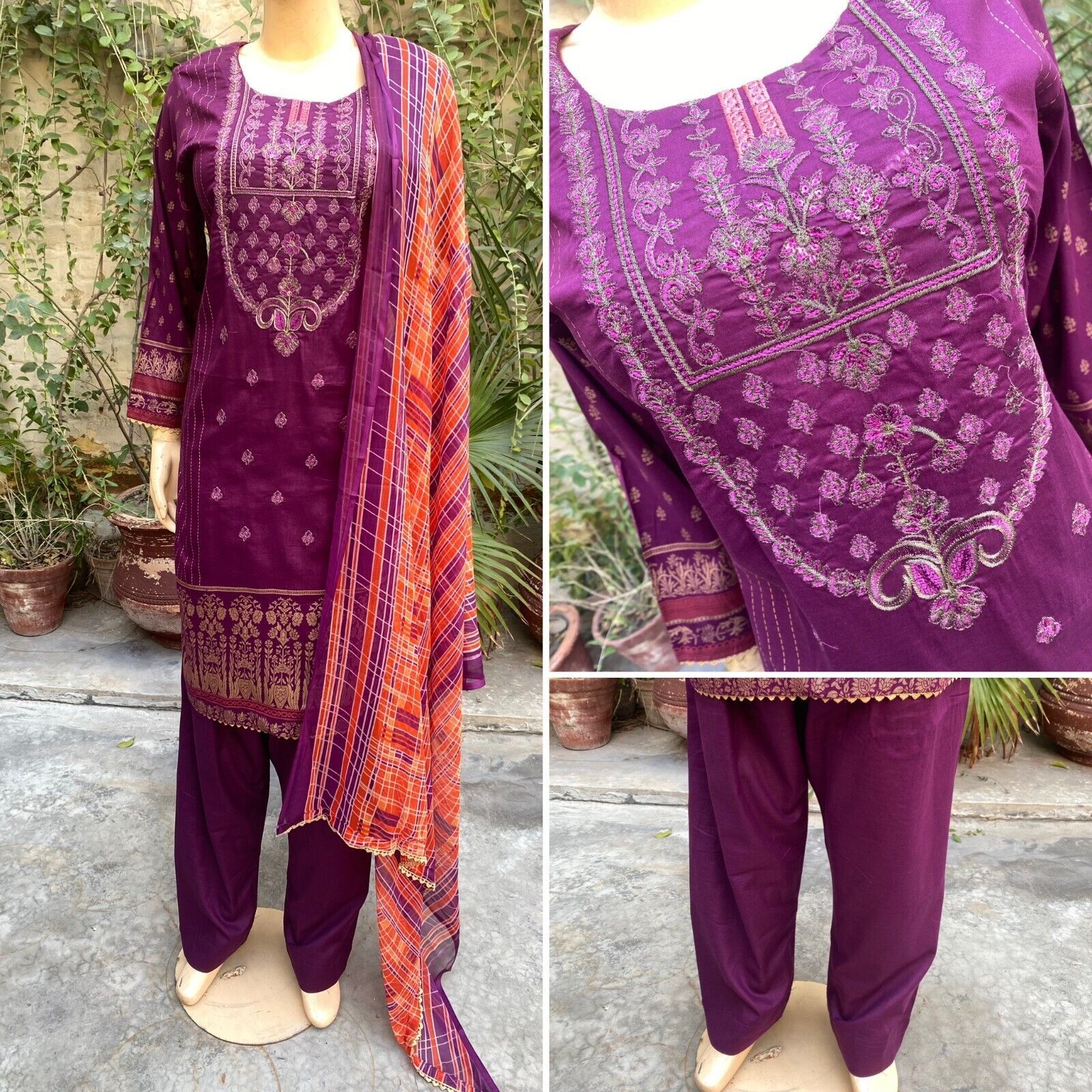 Pakistani Magenta Printed Straight Shirt 3-PCS Lawn Suit / Threadwork ,L - $54.45