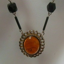 Vintage Long Faux Amber Cab and Black Glass Bead Necklace - £35.69 GBP