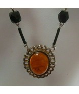 Vintage Long Faux Amber Cab and Black Glass Bead Necklace - £35.10 GBP