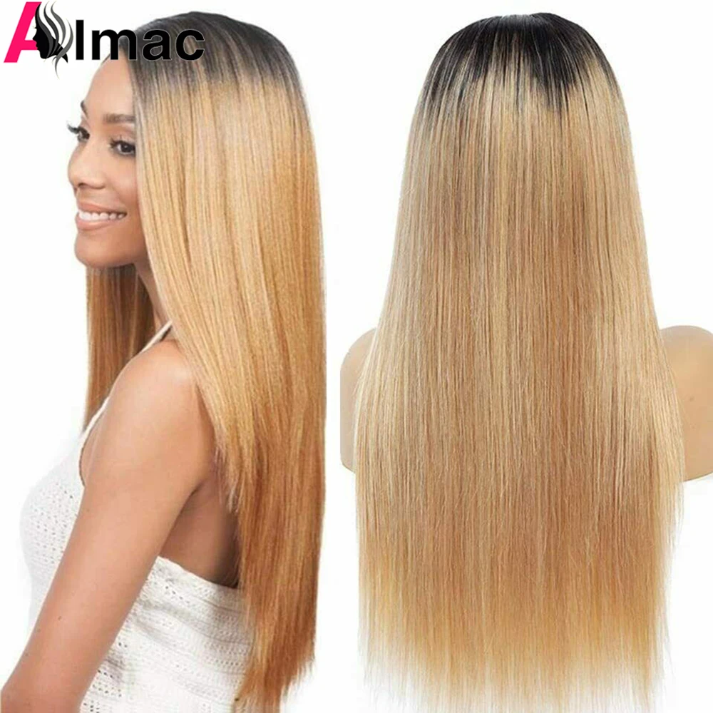1B27/30 Straight 4x4 Lace Closure Wig Ombre Honey Blonde 4*1 T Middle Pa... - £42.57 GBP+