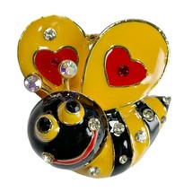 Honey Bee Brooch Pin Pendant Black Yellow Enamel Hearts Rhinestones Gold-tone - £13.10 GBP