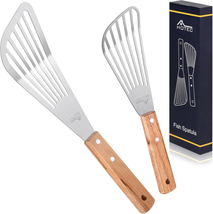 HOTEC Stainless Steel Thin Slotted Fish Turner Spatula, Wooden Handle with Slope - £11.96 GBP