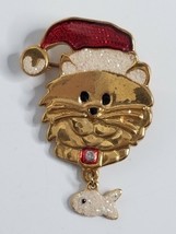 Mischievous Cat Kitten Glitter Fish Collar Enamel Christmas Vintage Pin Brooch - £7.85 GBP