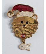 Mischievous Cat Kitten Glitter Fish Collar Enamel Christmas Vintage Pin ... - £7.94 GBP