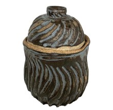 Signed Art Pottery Jar w Lid Brutalist Carved Gray Blue Handmade 6” High - £73.99 GBP