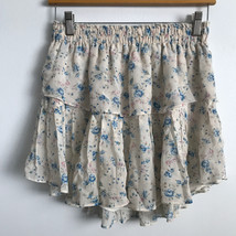 Love Shack Fancy Skirt S Silk White Blue Floral Tier Ruffle Flared Mini ... - $44.60