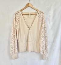 Anthropologie Lace-Sleeve Sweater Top XL Cream Ivory Stretch VNeck Women... - $28.99