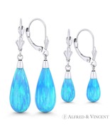 Azure Blue Lab-Created Opal 14k White Gold Leverback Long Drop Dangling ... - $245.51+