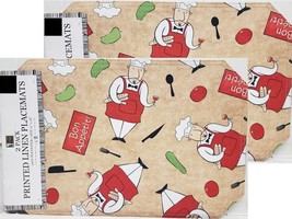 Set Of 2 Same Linen Fabric Placemats 12&quot;x18&quot; Red Fat Chef, Bon Appetit, Bh - £11.24 GBP