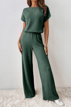 Mist Green Ribbed Keyhole Short Sleeve Wide Leg Jumpsuit - $19.29