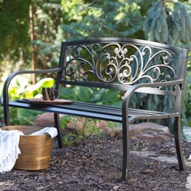 Curved Metal Garden Bench with Heart Pattern in Black Antique Bronze Finish - £181.79 GBP
