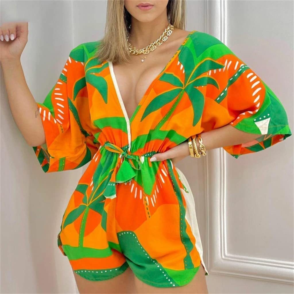 Casual Deep V Neck Leaf Pattern Short Batwing Sleeves Lace Up  Romper - $30.95