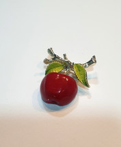 Vintage Gerry&#39;s Enamel Brooch Red Apple on Branch and Green Leaves  - £25.60 GBP