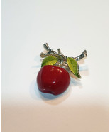 Vintage Gerry&#39;s Enamel Brooch Red Apple on Branch and Green Leaves  - £25.55 GBP