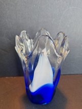 Water Splash Finger Rim Art Glass Vase 6.75&quot; Tall Clear Top/Cobalt Blue ... - $24.70