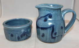 Studio Art Pottery Artist Signed Open Sugar Bowl Creamer Set Dark Blue U... - £28.44 GBP