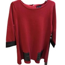 Women&#39;s New Directions Red Crew Neck 2/3 Short Sleeve Blouse Sz Lg Faux Leather - £19.57 GBP