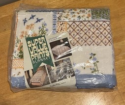 Vtg Floral Blue Butterfly Bird Satin Trim Blanket 72x90 MCM Patchwork Co... - $34.64
