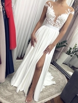 White Lace Formal Illusion Prom Dresses High Slit Cap Sleeves  - £111.50 GBP