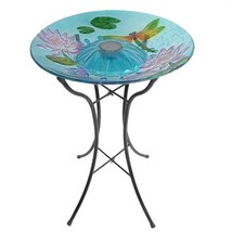 Outdoor Glass Bowl Bird Bath with Black Metal Stand and Solar Powered Light - $138.99