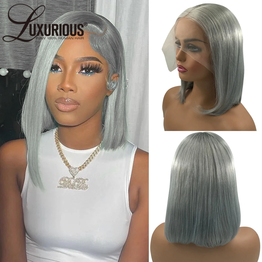 LUXURIOUS Grey Colored Short Bob 13X4 Human Hair Lace Front Wig Preplucked 15 - £54.43 GBP+