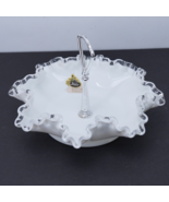 Vintage Fenton Glass Candy Dish Milk White Ruffled Edge Hobnail Silver H... - $61.64 CAD