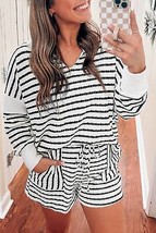 Black Stripe Collared V Neck Long Sleeve Top Plus Shorts Set - £48.50 GBP