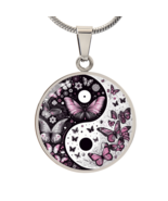 Yin Yang with violet butterflies Luxury Graphic Circle Necklace - $75.15 CAD+