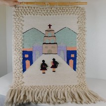 Woven Wool Southwest Spanish Mission Wall Hanging Weaving Vintage 39&quot;x28&quot; FLAW - £77.52 GBP