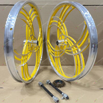Pair Of 20&quot; Bicycle Mag Wheels Set 6 Spoke Yellow For Gt Dyno Haro Any Bmx Bike - £88.32 GBP